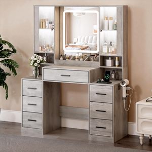 SENYU Coiffeuse Moderne avec Miroir Éclairé, 5 Tiroirs, Station de Recharge, Meuble de Chambre sur Pied, Design en Panneaux MDF - Product Image 1