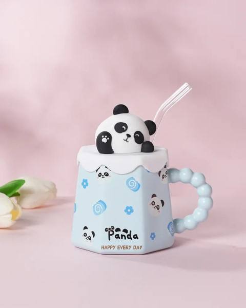 RTS Hot Sale Wholesale High Appearance Level Cartoon Sippy Cat Panda Bear Rabbit Ceramic Mug With Lid Gift Cup Handmade Cute