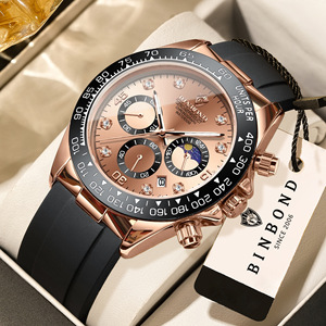 Binbond Men's Chronograph Quartz Watch With Date Moon Phase Tachymeter Black Strap 7mm Thickness Waterproof 30M - Product Image 1