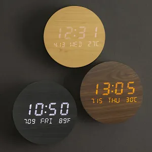 EMAF orologio da parete in legno a batteria ricaricabile in stile corea 30 giorni orario di lavoro calendario temperatura orologio da parete a LED digitale wireless