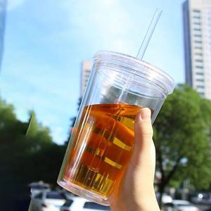 Wholesale 12oz 16oz 22oz 24oz BPA Free <b>Double</b> <b>Wall</b> Acrylic Clear Juice Water Tumbler Tea Plastic Coffee Mug with Straw and Lids - Product Image 6