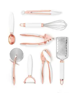 Utensilios de cocina de estilo europeo y americano, 8 piezas de lujo de oro rosa con asas antideslizantes para cocinar