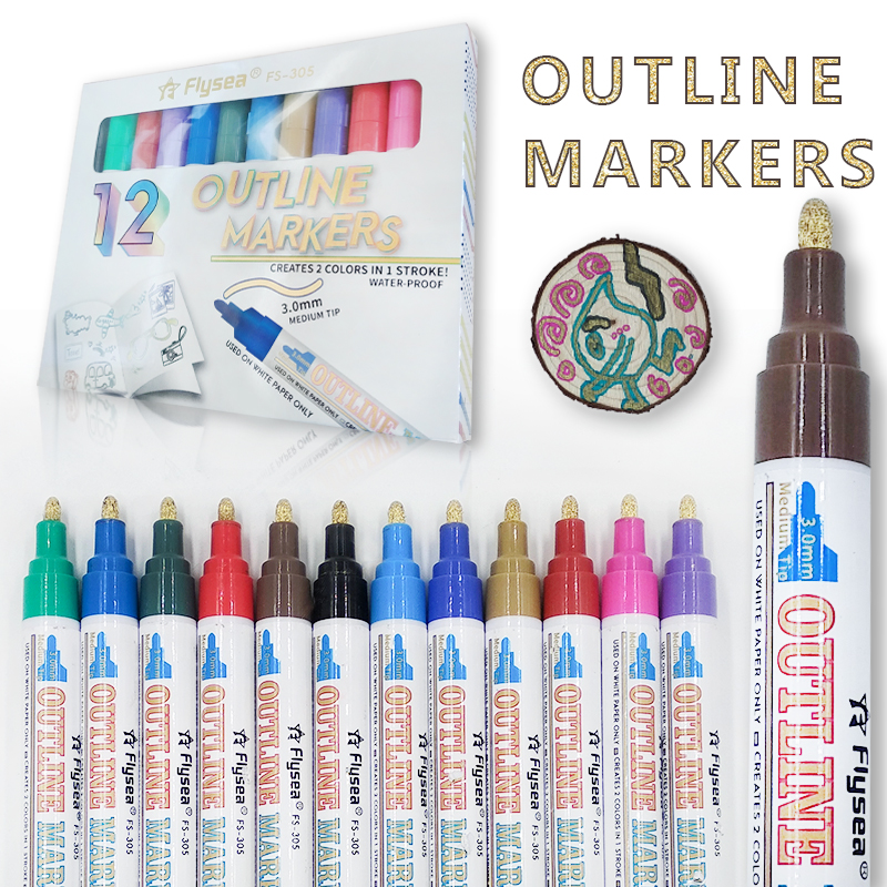 Flysea Double Line Outline Pens 12 Colors Outline Metallic Markers Painting DIY Sketching Child Color Pen Writing Drawing Pens