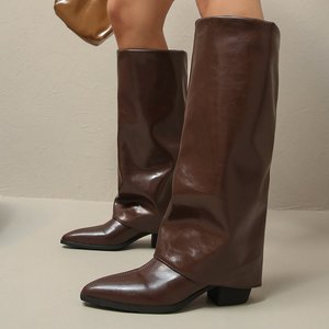 Bottes au-dessus du genou à bout pointu marron talons épais cuissardes hiver bottes pour femmes confort anti-glissant Style européen américain - Product Image 1