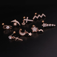 Nouvel arrivage de luxe en acier inoxydable plaqué rhodium vague croisée lune étoile forme cristal gemme CZ oreille Tragus Daith Helix Rook Snug