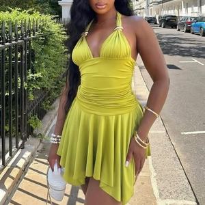 Vestido Mini de Verano 2026 OEM Nuevo Estilo Vintage para Mujer con Hebilla Metálica, Tirantes, Espalda Descubierta, Cuello Halter y Cintura Alta en Línea A - Product Image 1