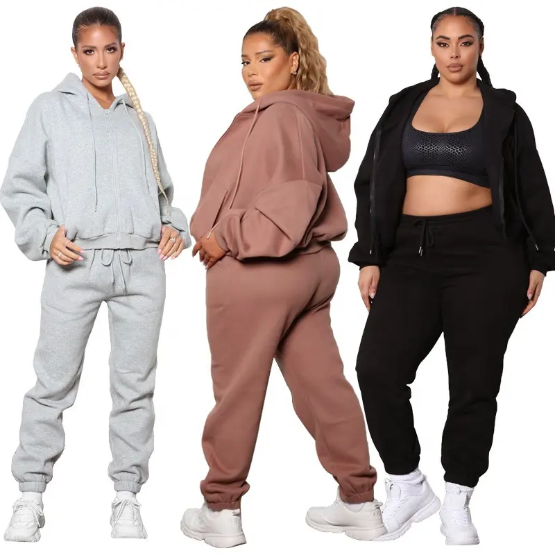 Güz/kış uzun kollu fermuarlı kapüşonlu eşofman üstü set boş ceket hoodies joggers seti gevşek artı boyutu sweatpants ve hoodie 3 adet set