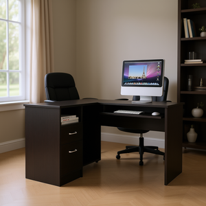 Bureau d'ordinateur en forme de L Bradford avec étagère pour clavier, finition bois Wengue noir, tiroirs de rangement, mobilier de bureau à domicile - Product Image 2
