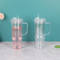 Gobelet en plastique à double paroi rose vif transparent de 40 OZ avec poignée et paille, pour jus, bière, camping en extérieur, usage quotidien et voiture