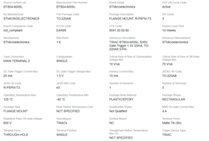 BTB04-600SLトリガーデバイスTRIACs600V 38A 3ピン (3タブ) TO-220ABチューブ集積回路ICチップBTB04-600SL - Product Image 4