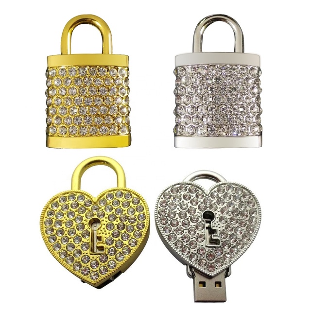 2026 New Trending Heart Lock Shape Crystal Wedding Souvenir USB Stick Crystal Jewelry 1GB 2GB 4GB 8GB 16GB 32GB USB Flash Drives
