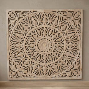 Panneau mural carré en bois artisanal avec sculpture florale complexe, art décoratif traditionnel - Product Image 6