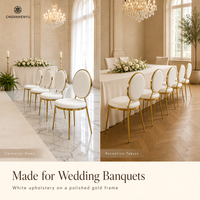 Chaise de banquet moderne de luxe en acier inoxydable doré avec assise rembourrée et pieds coniques pour hôtel, mariage, événement extérieur, fête