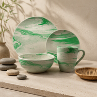 Ensemble de vaisselle en céramique à motif marbré vert, 16 pièces, assiettes, bols, tasses, vaisselle pour la salle à manger à domicile