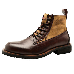 <b>For</b> Boots <b>Men</b> Brown Leather Round Toe Mid <b>Heel</b> Motorcycle Work Boots British Style Color Blocking Fleece Lining - Product Image 5