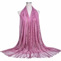 Long Style Lady Châle Musulman Hijab Écharpe avec Dentelle Évider Frange Solide Couleur Soie Style D'été En Polyester