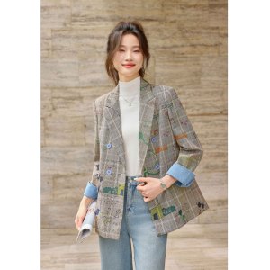 Mier xw1928 Áo blazer nữ công sở giản dị áo khoác kẻ sọc cổ chữ V đầy đủ tay áo chống nhăn/in cá tính - Product Image 5