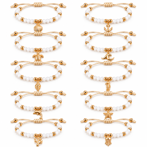 Bracelet ajustable à cordon perlé thème Océan, avec breloques dorées animaux marins (coquillage, sirène, tortue, étoile de mer) – Bijou de poignet de plage pour femme - Product Image 2