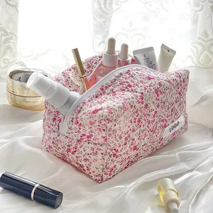 Bolsa de algodão de forro floral eco-friendly, maquiagem cosmética para viagem, higiene pessoal