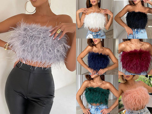 Débardeur sexy en fausse fourrure pour femme, coupe courte, sans bretelles, moulant, sans manches, style bustier duveteux - Product Image 1