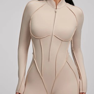 Mono de gimnasio sin costuras para mujer, acanalado, transpirable, con cremallera frontal, <span class=keywords><strong>tirantes</strong></span> finos, manga larga, moldeador, para yoga, de una pieza - Product Image 2
