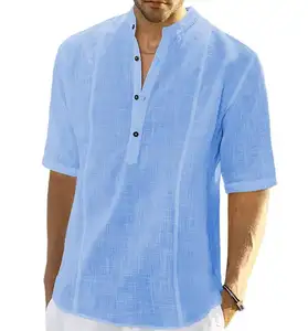 Men's comfortable casual linen shirt summer half sleeves solid color v-neck thin tops size S-3XL