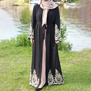 F641 # Hot Koop Geborduurd Islamitische Kleding Kant Vest Mode Knop Habaya Maleisië Dubai Jakarta Vrouwen Moslim Jurk