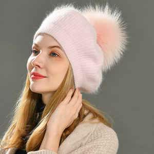 Nouveauté 2022 : Bérets pour adultes avec <span class=keywords><strong>pompon</strong></span> en fourrure de raton laveur véritable détachable, bérets élégants pour femmes, bérets en tricot chauds - Product Image 2