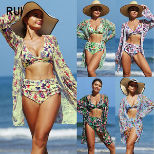 RUIQUWIN Summer Women's Plus Size 3 Piece Floral Bikini Set High Waisted Thong <b>Swimwear</b> Mesh <b>Cover</b> Sexy Push Beachwear Wholesale - Product Image 1