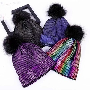 New Arrive Women Girls Winter Warm Metallic Shiny Knitted Crochet Ladies Beanie Hat With <b>Pom</b> <b>Pom</b> - Product Image 1