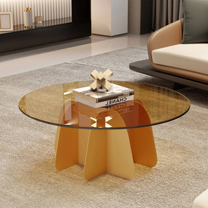 Table basse ronde moderne avec plateau en verre et base en bois brun + buff, meubles décoratifs pour salon - Product Image 3