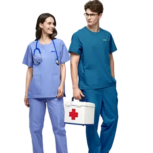 Medical Scrubs Unisex V Neck Nurse Uniform Anno Medical Scrub Uniform Cyan OEM Spandex HEN Time Lead Fabric Doctor Support