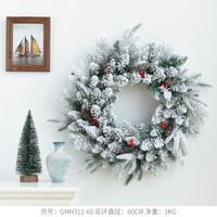 Hiasan Natal PVC Modern Tahan Lama dengan Lapisan Flock, Dekorasi Jendela Bentuk Lingkaran, Ornamen Garland Berbentuk Kerucut Pinus dan Bersalju