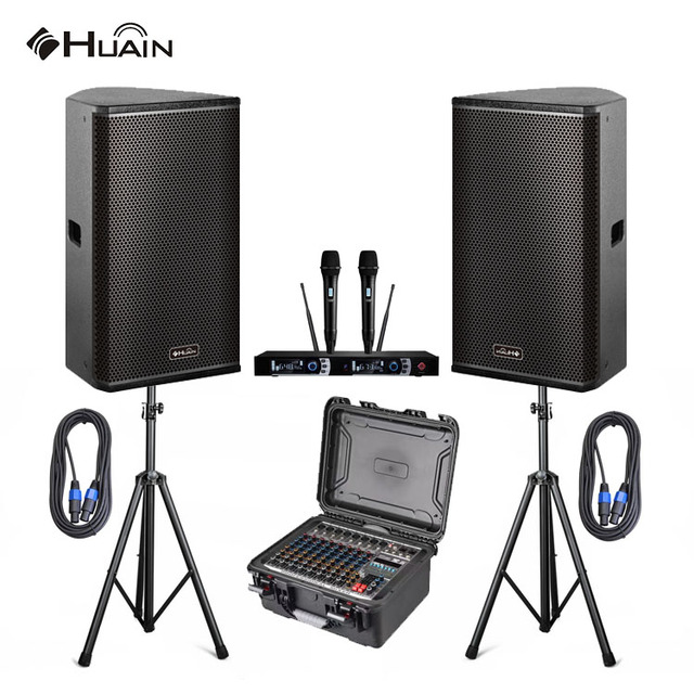 HUAIN Professional PA System Full Set with UHF Wireless Microphone System Audio Mixer 15 Inch Passive Speaker