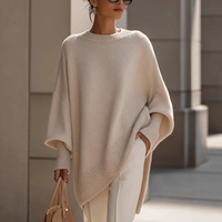 Pull en maille épaisse en cachemire et élasthanne à col rond oversize pour femme, manches chauve-souris amples, décontracté, pour l'automne