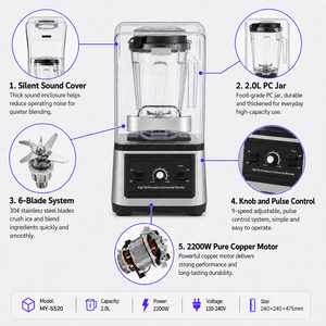 Mixeur Commercial Robuste Haute Vitesse avec Protection Contre les Surcharges, 5+ Vitesses, Capacité 2.0L, en Acier Inoxydable, pour Smoothies et Broyage - Product Image 6