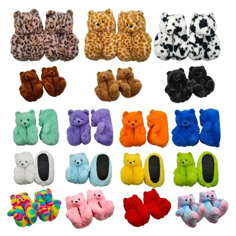 Valentine's Day In Stock Cheap 8 Colors Teddy Bear Slippers Lovely Women House Fur Plush Teddy Bear Slippers One Size Fits All