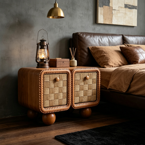 Table de chevet cube de style rétro français |   Cadre à bobines perlées |   Tiroir en corde tressée à la main |   Pieds de meuble en bois massif |   Tiroir simple - Product Image 2