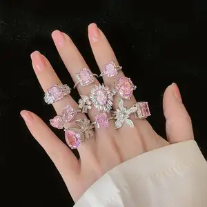 Großhandel Schmuck Ring Damen 5a Eis Blume geschnitten offener Ring rosa hochkarbonstift Diamant Verlobung Hochzeit 925er Sterling-Silberring