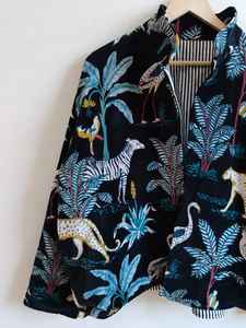 Black Jungle Print <b>Velvet</b> Bomber <b>Jacket</b> Reversible Eco-Friendly Breathable 100% Cotton Filling Short Length Winter - Product Image 3