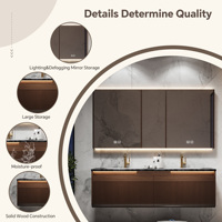 Set Perlengkapan Kamar Mandi Mewah Modern dari Kayu Solid Terapung dengan Wastafel Terintegrasi Batu Sinter dan Kabinet Cermin LED Pintar