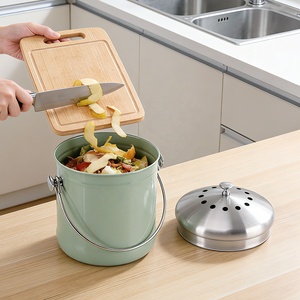 <b>Kitchen</b> Countertop Storage Bucket Minimalist Design Green Color Stainless Steel <b>Compost</b> <b>Bin</b> with Lid and Handle - Product Image 5
