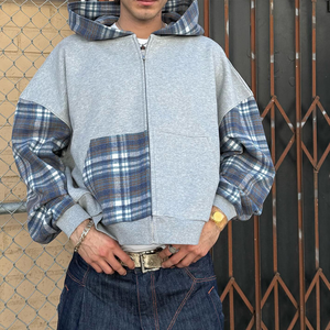 Fabricants de vêtements, sweat-shirt à capuche zippé en tissu French Terry 100% coton, patchwork à carreaux, blocs de <span class=keywords><strong>couleur</strong></span>, pour hommes - Product Image 1