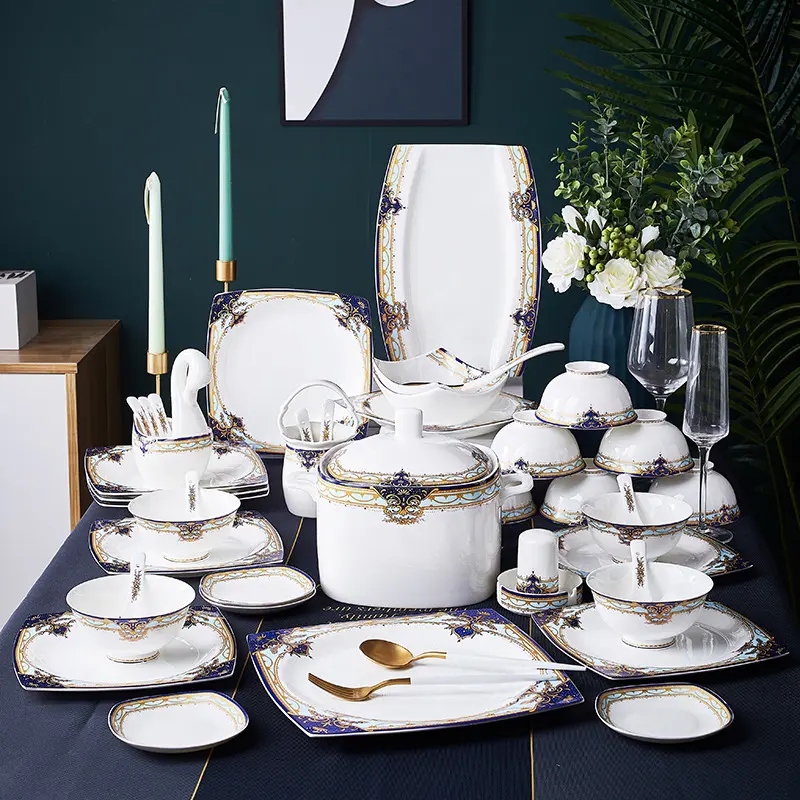 Luxe 60 pièces nouvelle fête à la maison européenne ensembles d'assiettes en porcelaine ensemble de vaisselle en céramique fine porcelaine