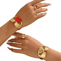Ensemble bracelet et bague en alliage de style européen-américain, design cœur goutte d'huile, ajustable, ouvert, polyvalent