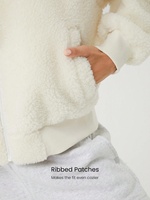 Bomber polaire épaisse pour femmes, veste à capuche avec cordon de serrage ajustable, coupe-vent, ourlet côtelé, avec poches latérales.