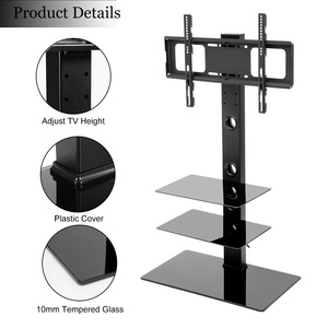 Tempered Glass TV Stand 10mm Adjustable Height <b>Black</b> Metal <b>Bracket</b> With <b>Shelves</b> For Living Room Display - Product Image 1