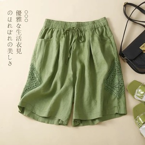 Women's Cotton Linen Shorts With Lace <b>Patchwork</b> Mid Waist Casual Breathable Loose Fit Summer Pants - Product Image 2