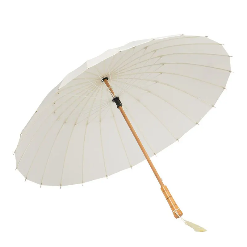 Rüzgar geçirmez yüksek kaliteli katı renk 2021 yeni 24 kaburga uzun şemsiye beyaz ahşap saplı püskül ile