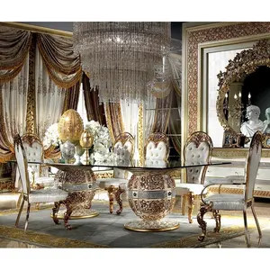 Royal Antique Baroque Style Glass Top <strong>Wooden</strong> Rectangular <strong>Dining</strong> Table Set <strong>with</strong> 8 <strong>Chairs</strong> and Two Bases - Product Image 1